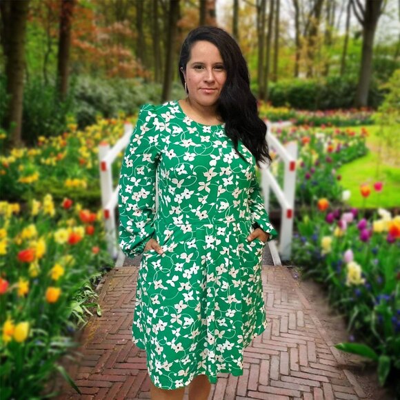 Eliza J Floral Shift Midi Dress Long Sleeve Fit & Flare Lined Pockets Size 12 - Picture 3 of 10